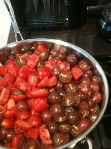 Sungold, Black Cherry and Martino Roma Tomatoes, prepped and ready to roast.